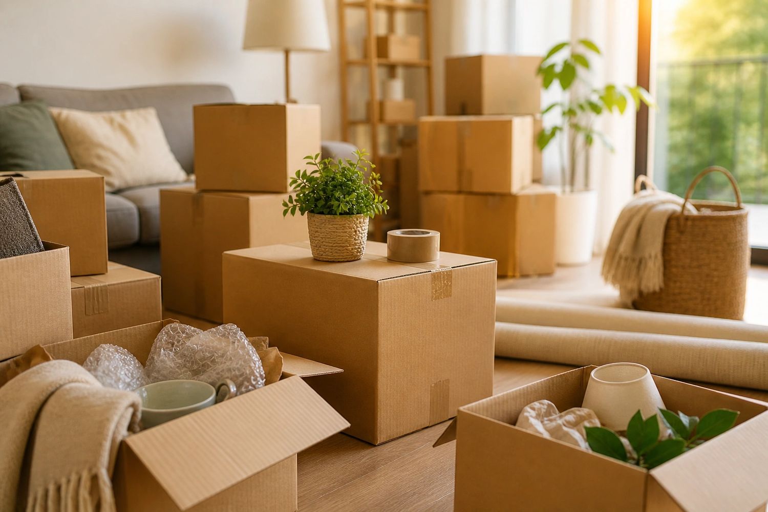 room with boxes in different stages of packing