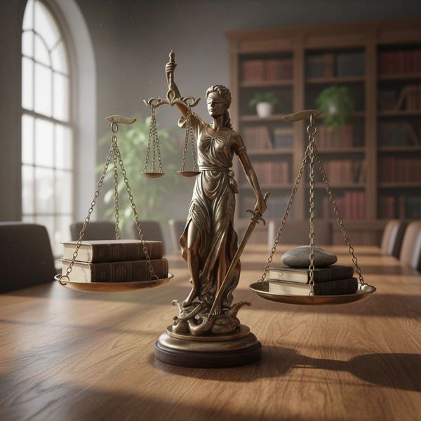 Bronze Lady Justice statue with scales balancing books and stones in a library setting.