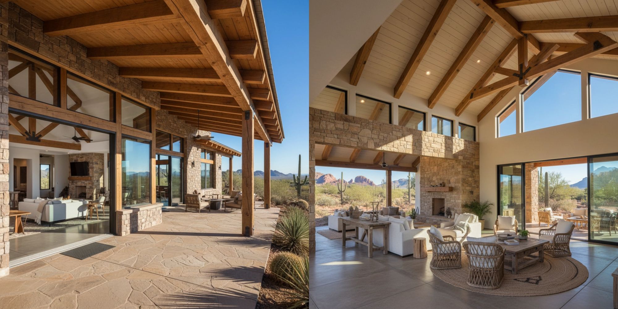 Spacious desert home with stone accents, wooden beams, and indoor-outdoor living area.