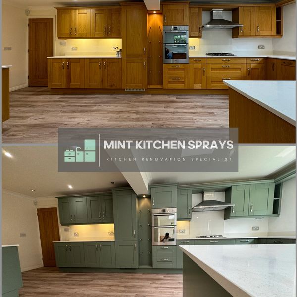 A kitchen respray by Mint Kitchen Sprays in farrow & ball’s card room green