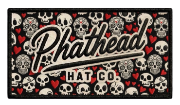 Logo patch with skulls and hearts design for Phathead Hat Co.