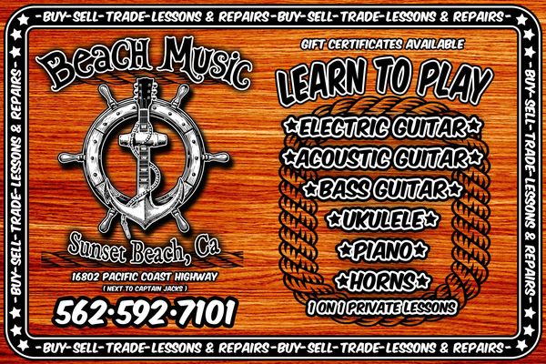 Lessons Advertisment, "Learn to Play" electric guitar, acoustic guitar, bass guitar, piano, and more!