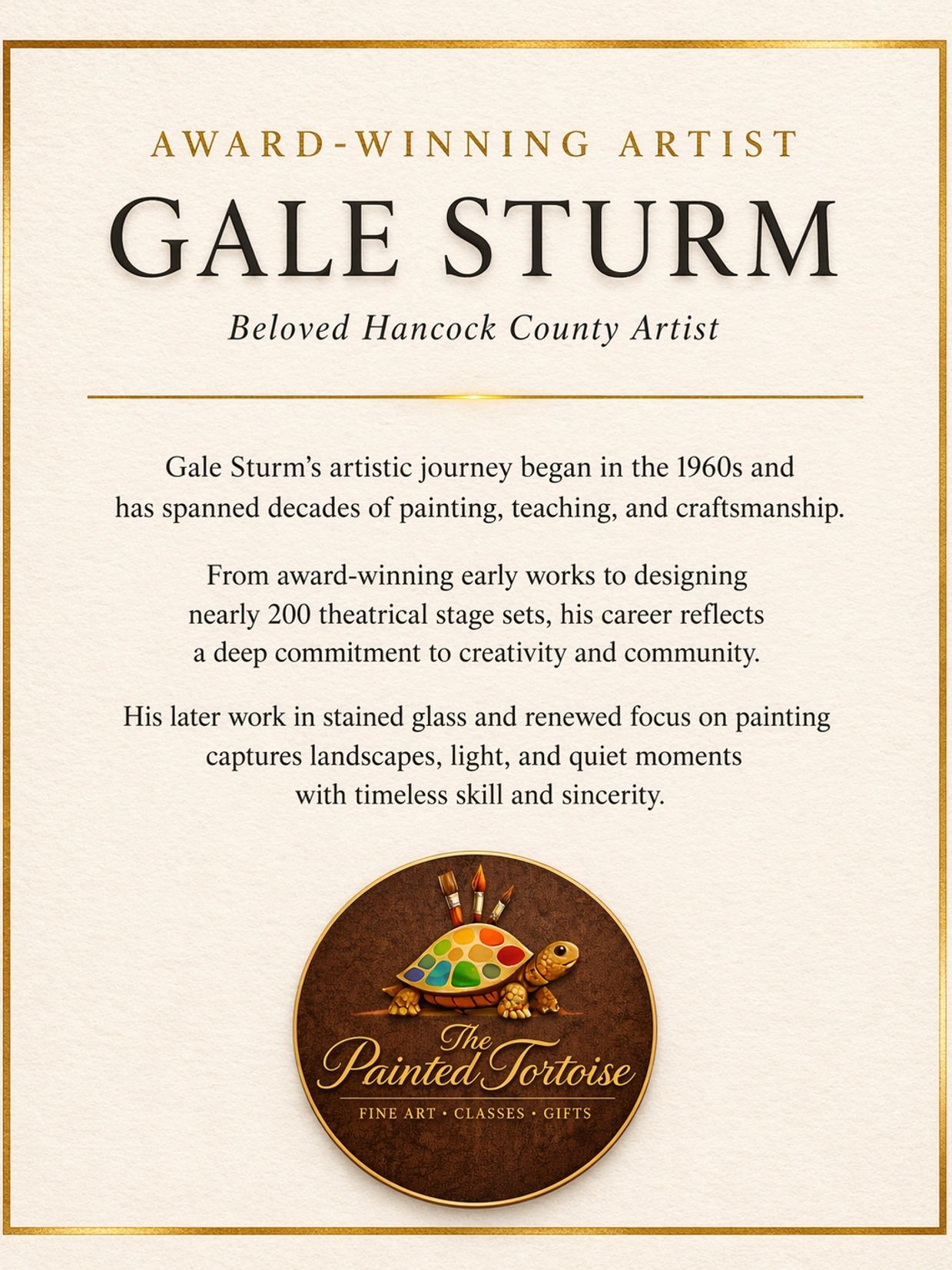 Award-winning artist Gale Sturm's decades-long creative journey in painting and stage design.