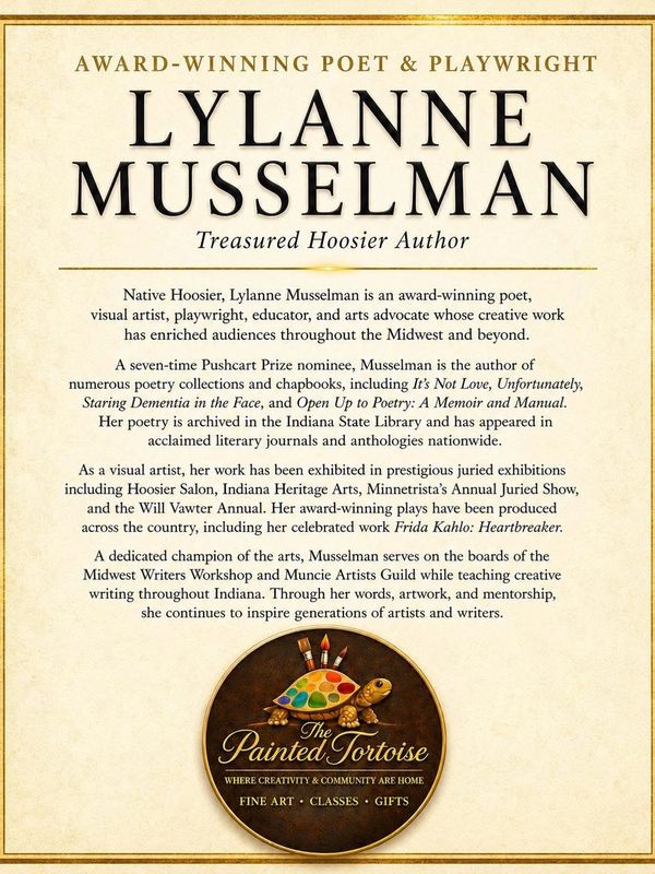 Poster highlighting award-winning poet and playwright Lylanne Musselman.