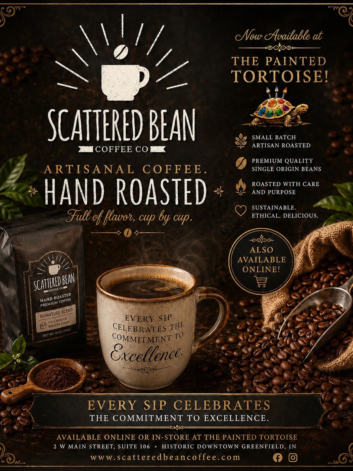 Scattered Bean artisanal coffee, hand roasted and full of flavor, now available at The Painted Tortoise.