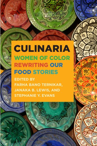 Book cover with colorful plates and bold text about women of color rewriting food stories.