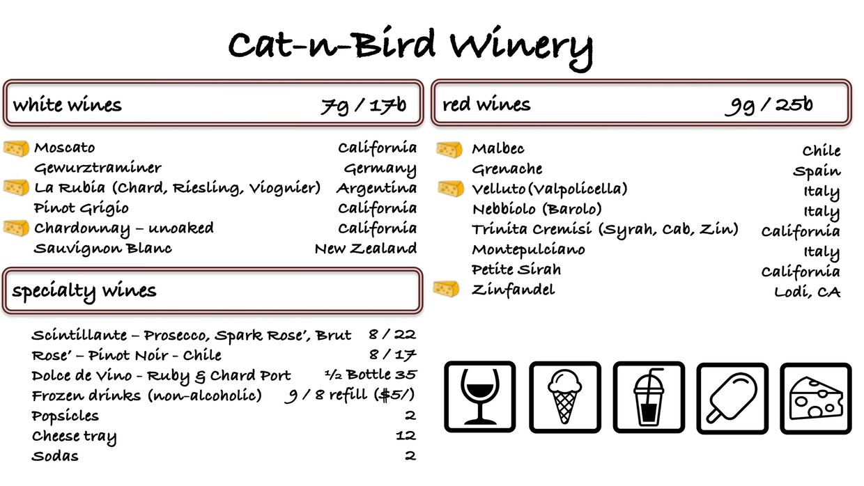 Cat-n-Bird Winery menu with white, red, and specialty wines plus snacks icons.