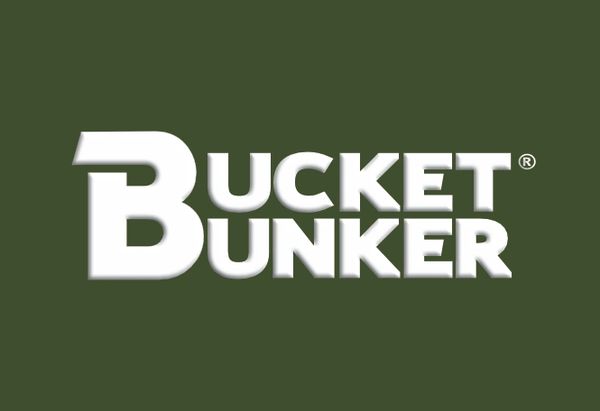 White bold text logo reading 'Bucket Bunker' on dark green background.