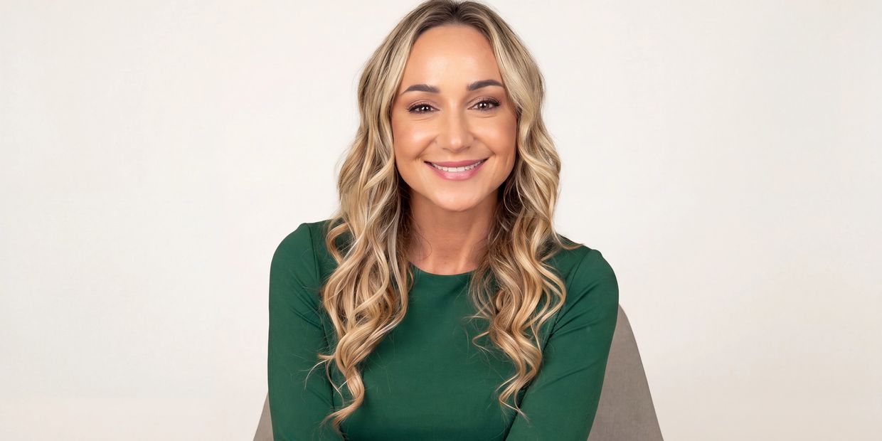 Smiling woman with long blonde curls in green top.