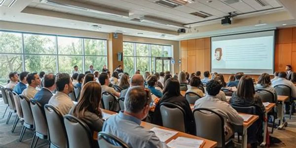 Audience attentively listening to a speaker in a modern conference room.