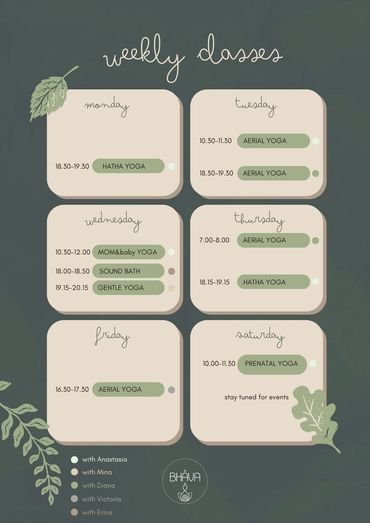 Weekly yoga and wellness classes schedule with different instructors.