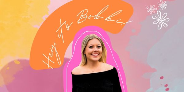 Portrait of a smiling woman with colorful artistic background.