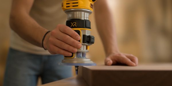 Person using a handheld router to smooth wooden board edges.