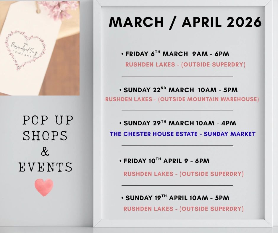 Pop up shops and events schedule for March and April 2026 with locations and times.
