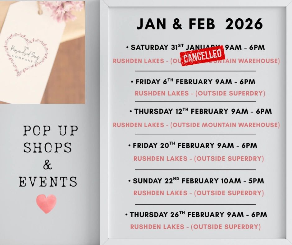 Pop up shops and events schedule for January and February 2026 at Rushden Lakes with one event cancelled.