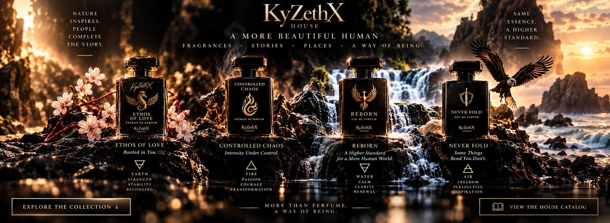 Luxury KyZethX House perfume collection with nature-inspired themes.