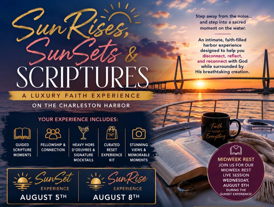 sunset and sunrise with details of event with boat on water with bible and mug