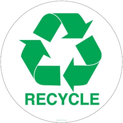 Green recycling symbol with three arrows and the word RECYCLE below.