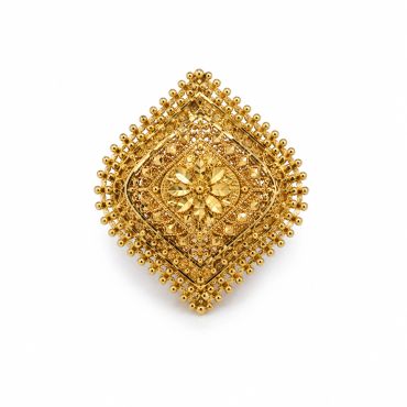 Intricately designed gold jewelry piece with floral patterns.