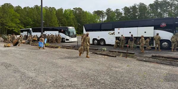Soldiers in uniform gather near buses in a wooded area.