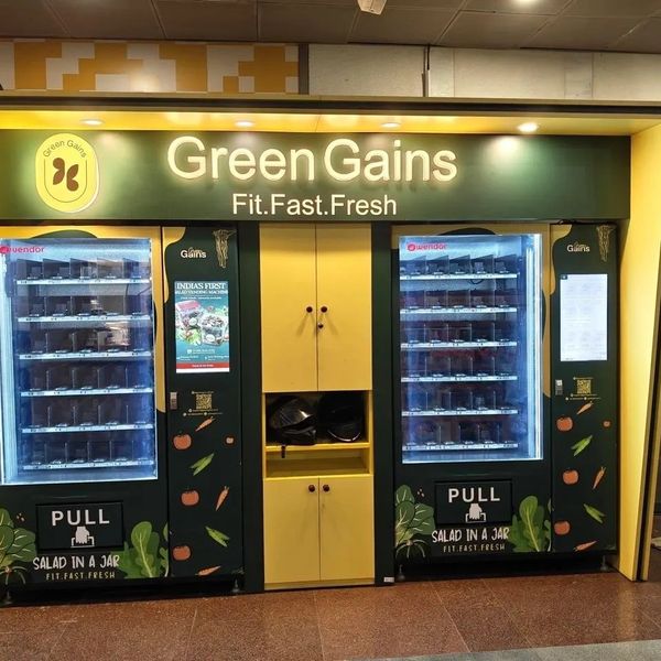 Green Gains vending machines offering fresh salads in jars for a healthy meal option.