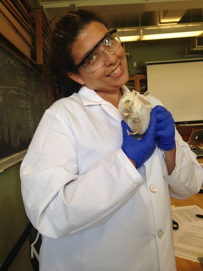 Scientist smiling while holding a dissected animal in a lab.