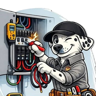 Dalmatian electrician fixing wires with a smile.