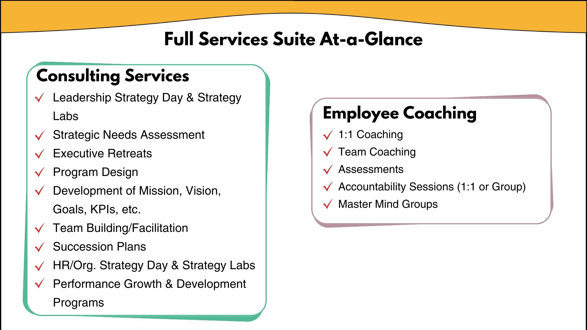 Consulting services
Coaching
Strategy
Leadership Skills
Needs Assessment
Mission Vision
Assessments
