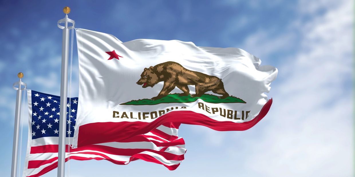 A California flag and American flag wave in the wind with a blue sky behind them