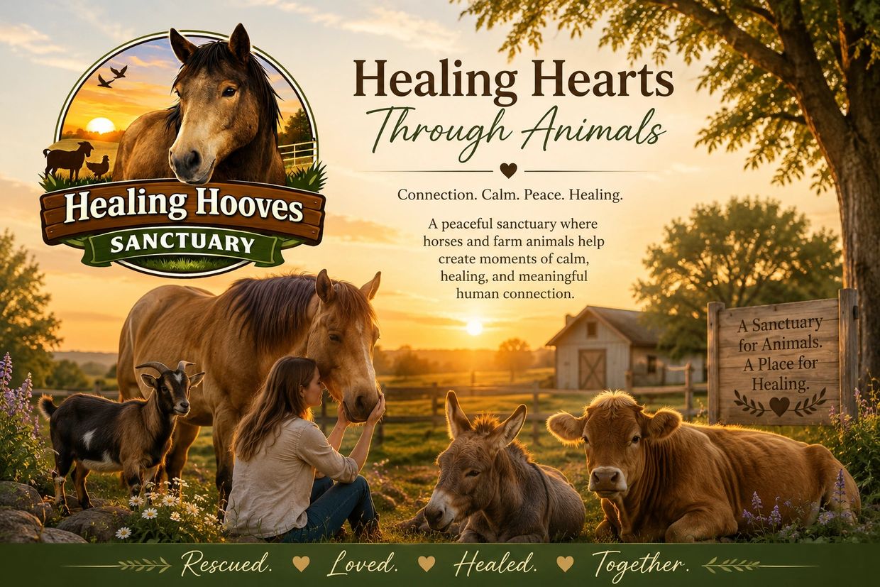 A peaceful animal sanctuary with horses, a goat, a donkey, and a cow at sunset.
