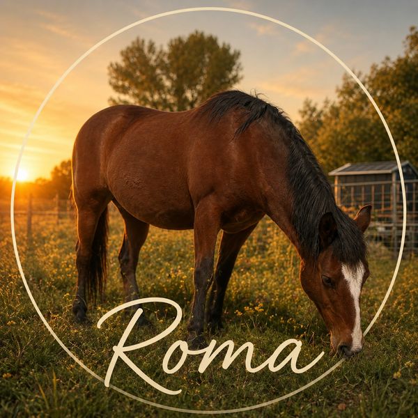 A brown horse named Roma grazing during sunset in a field.
