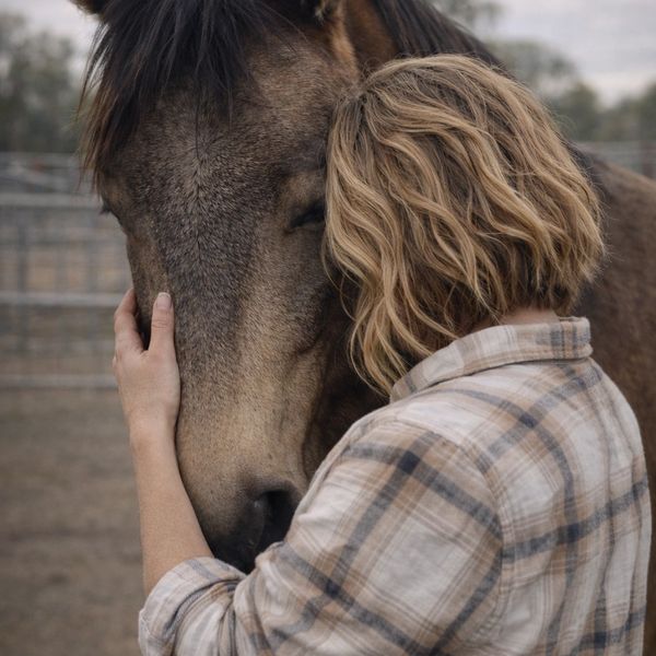 A woman gently embraces a horse, sharing a tender moment.