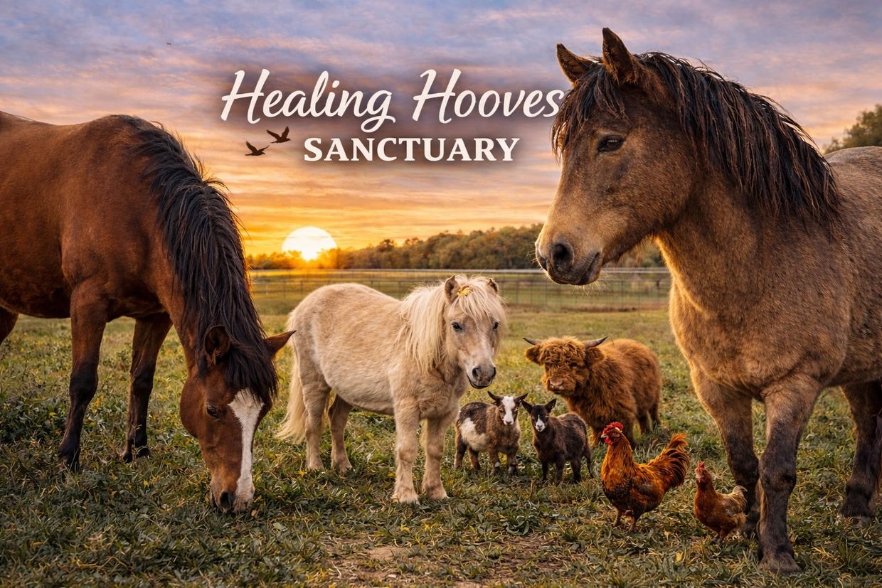 Various farm animals at Healing Hooves Sanctuary during sunset.