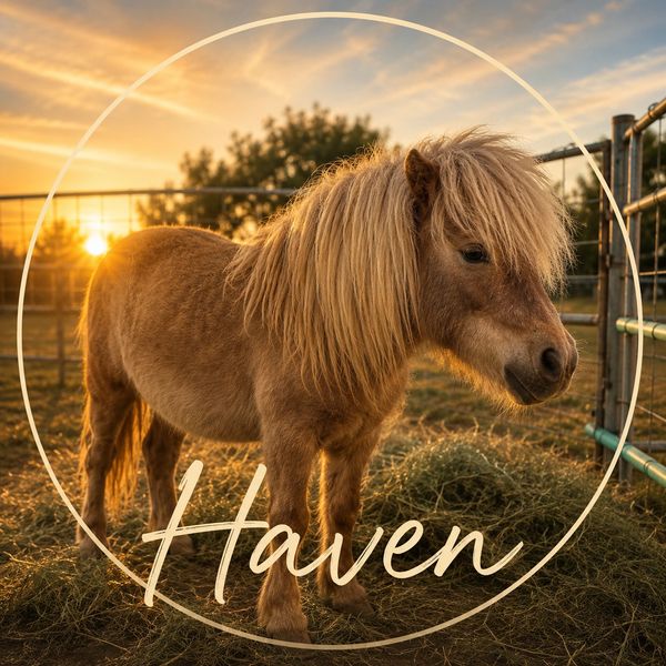 A small pony stands in a fenced area at sunset, with the word 'Haven' overlayed.