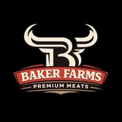 Logo of Baker Farms with a bull's head and premium meats tagline.
