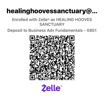 QR code for Zelle payment to Healing Hooves Sanctuary.