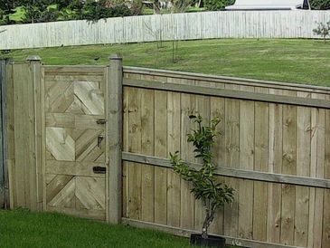 Wooden fence with a small plant in front and green grass.