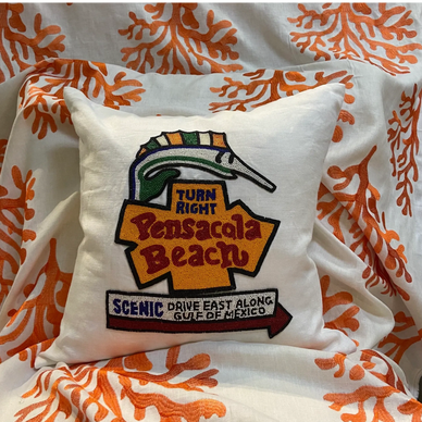 Hand beaded pillow of iconic Pensacola Beach Sign