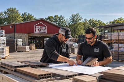 Deck Barn team helping a contractor with deck plans and material samples