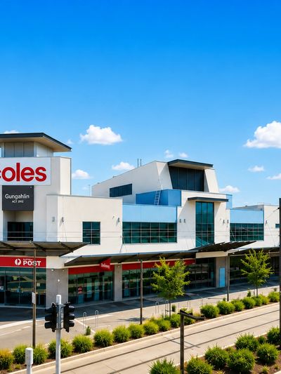 Coles supermarket building under a clear blue sky.
