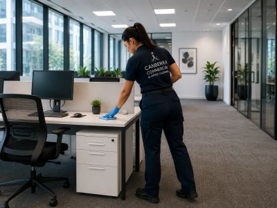 Cleaner sanitizes an office desk.