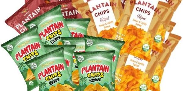 Various bags of green and orange plantain chips, both unripe and ripe.