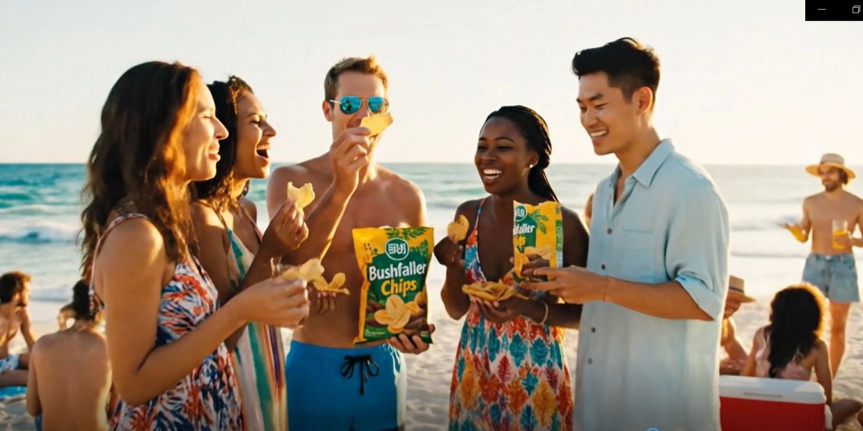 Group of friends enjoying Bushfaller chips on a sunny beach.