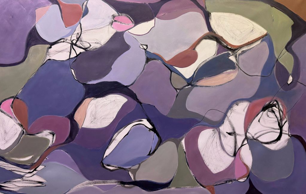 Abstract painting with overlapping shapes in shades of purple, pink, and gray.