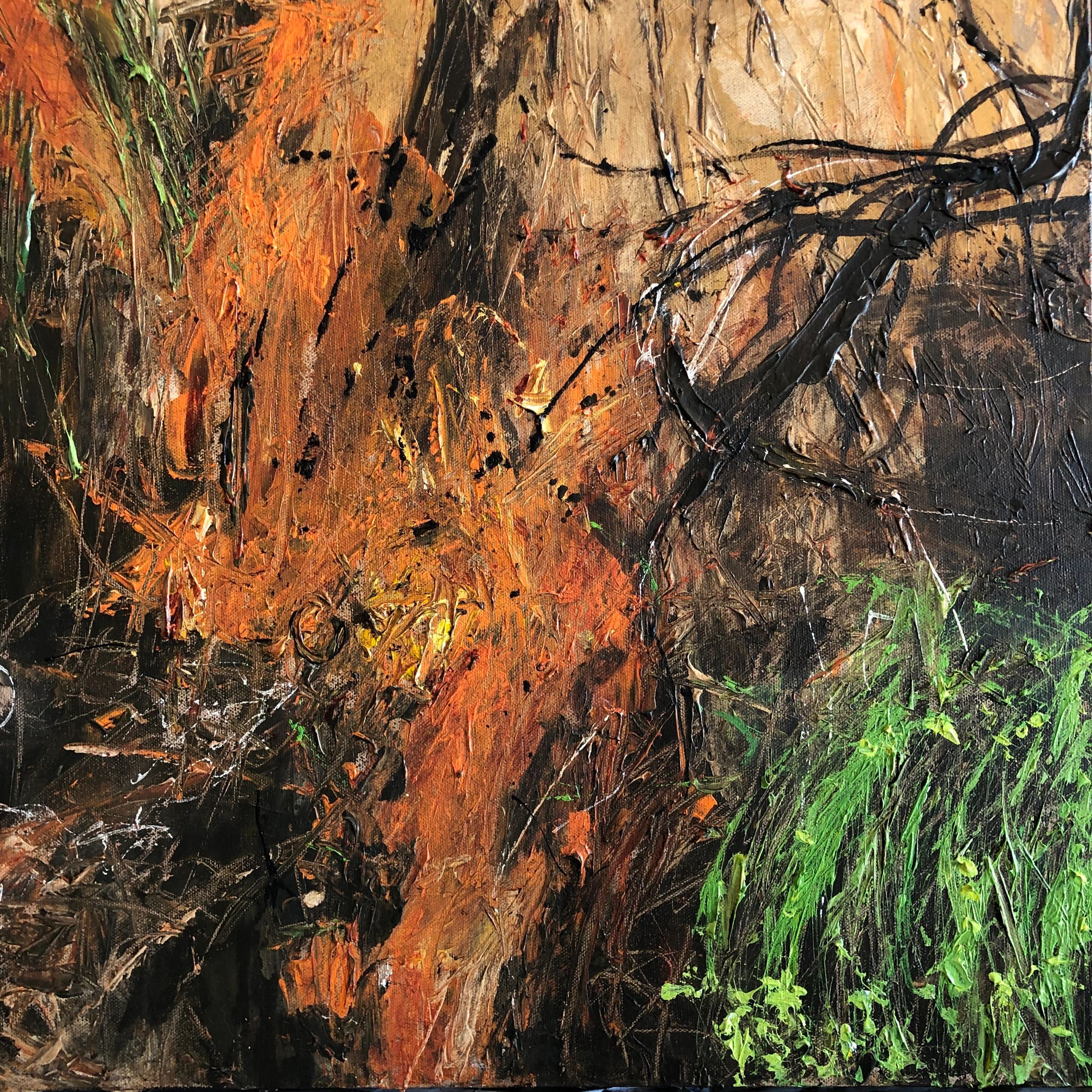 Original abstract artwork primarily in shades of orange and brown with green