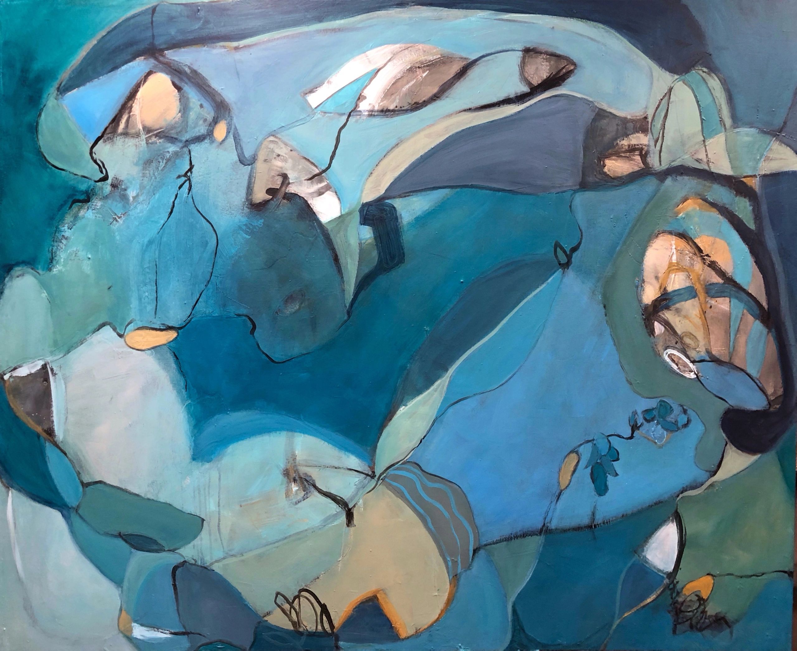 Original Biomorphic Abstract primarily shades of blues and greens with pops of color in gold 