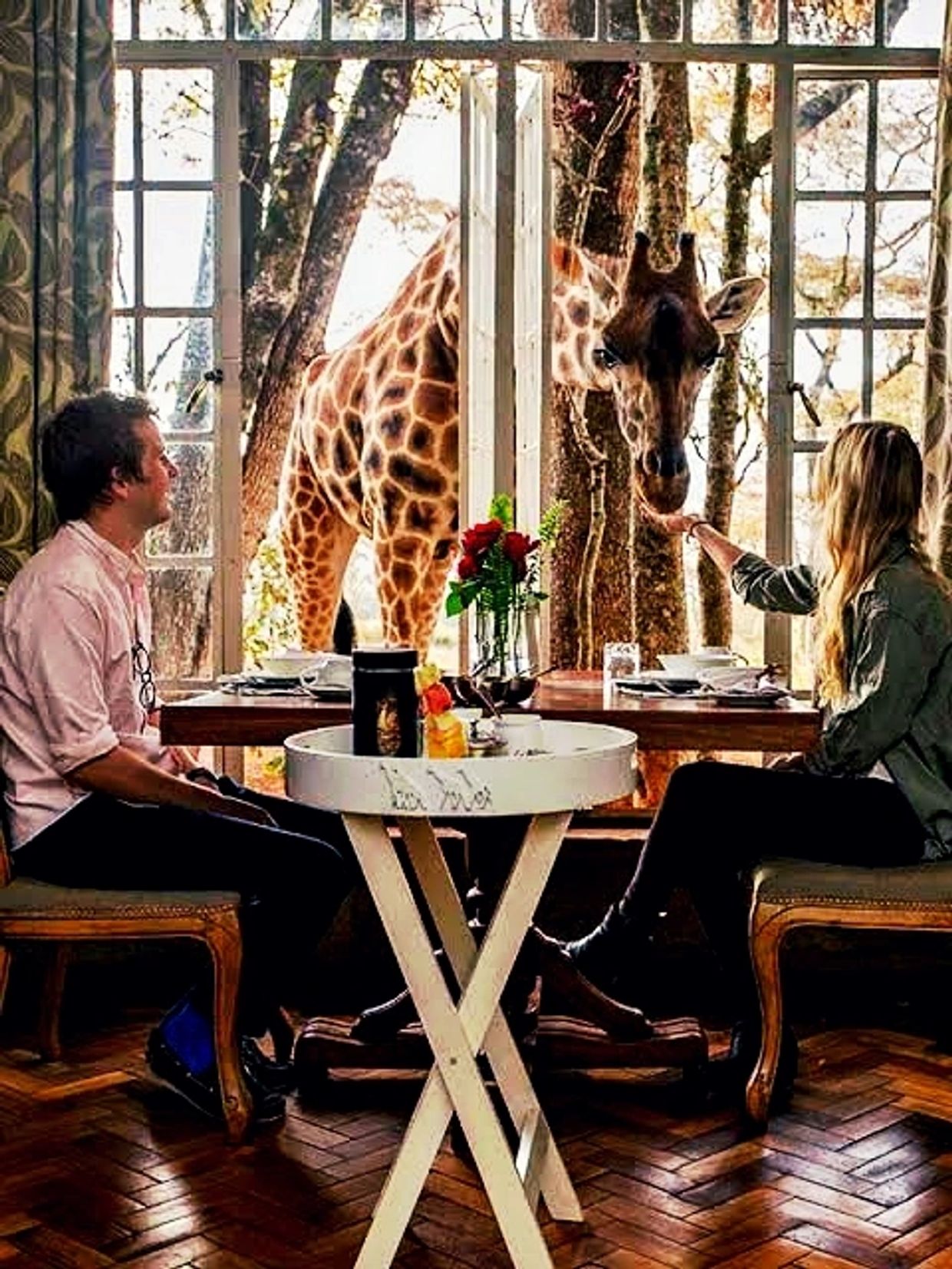 Couple dining with a giraffe through the window.