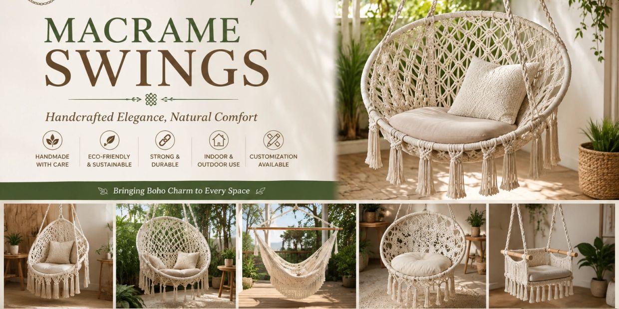Elegant macrame swings with natural comfort and boho charm.