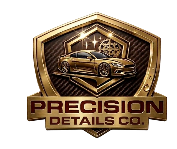 Gold and black logo of a car detailing company with a sleek car and gears.