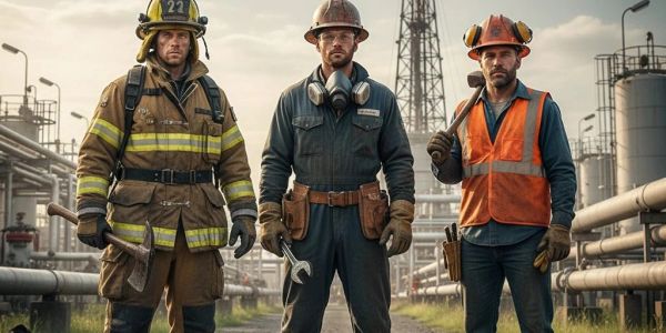 Three industrial workers in protective gear at a refinery.